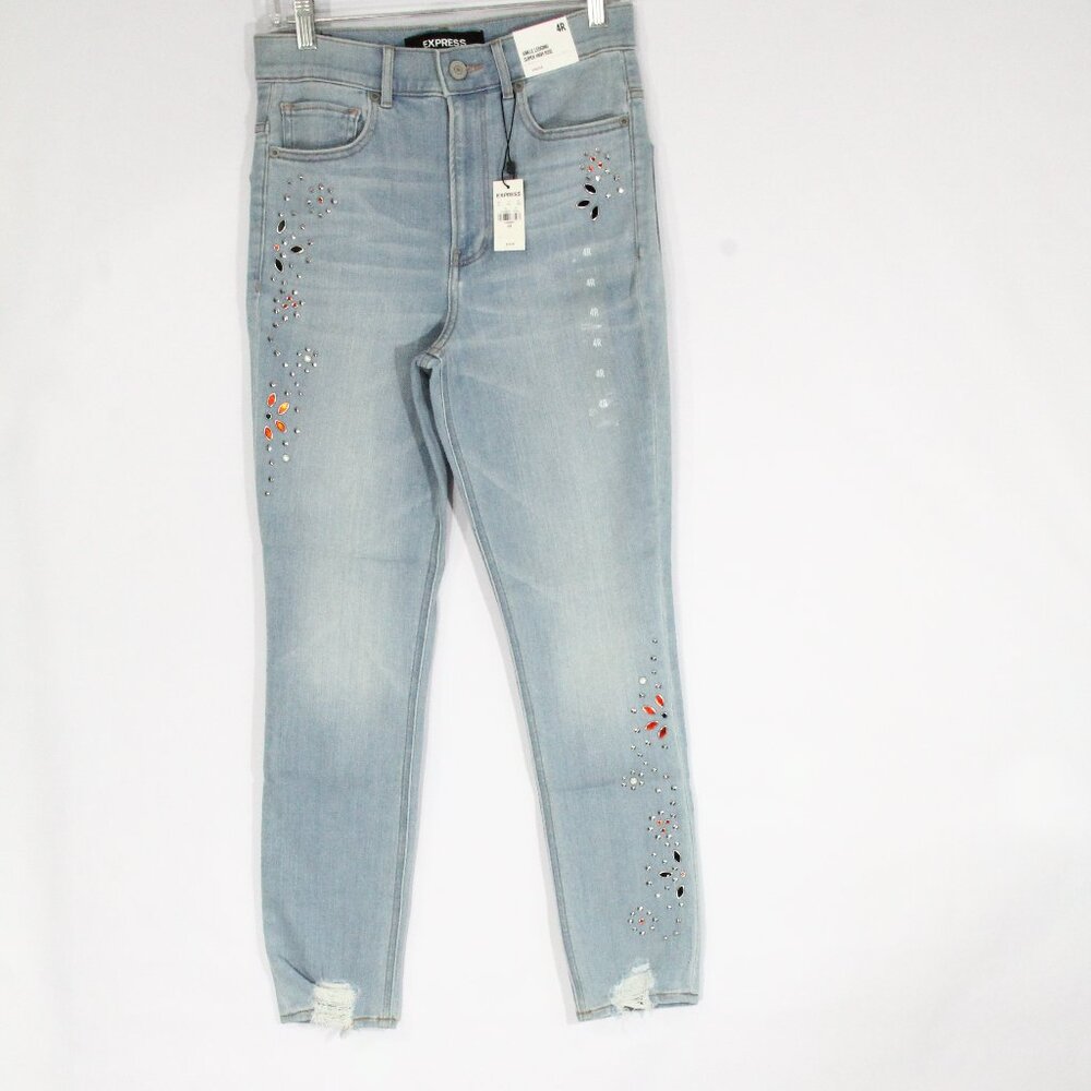 Express Super High Rise Jeans New sz 4 Embellished Distressed Stretch skinny